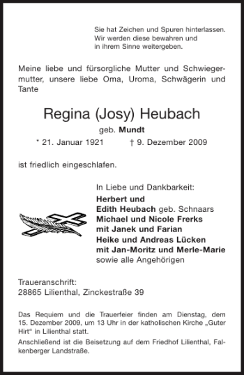 Traueranzeige von Regina Josy Heubach von Aachener Zeitung / Aachener Nachrichten