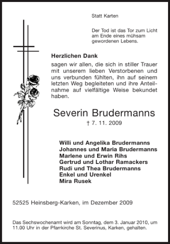 Traueranzeige von Severin Brudermanns von Aachener Zeitung / Aachener Nachrichten