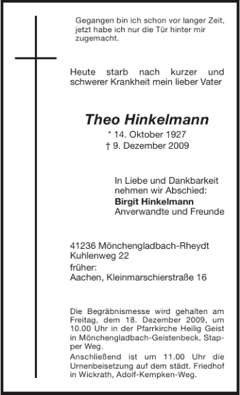 Traueranzeige von Theo Hinkelmann von Aachener Zeitung / Aachener Nachrichten