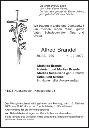 Traueranzeige von Alfred Brandel von Aachener Zeitung / Aachener Nachrichten
