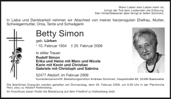 Traueranzeige von Betty Simon von Aachener Zeitung / Aachener Nachrichten