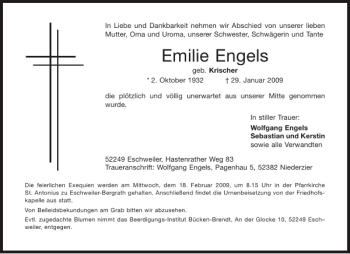 Traueranzeige von Emilie Engels von Aachener Zeitung / Aachener Nachrichten