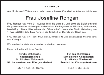 Traueranzeige von Frau Josefine Rongen von Aachener Zeitung / Aachener Nachrichten