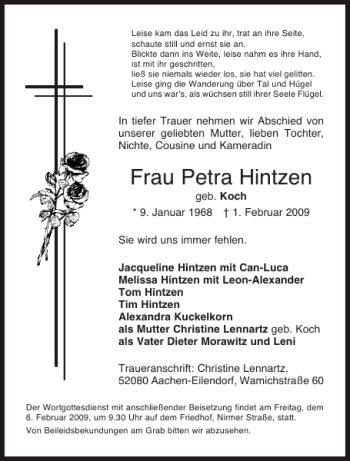 Traueranzeige von Frau Petra Hintzen von Aachener Zeitung / Aachener Nachrichten