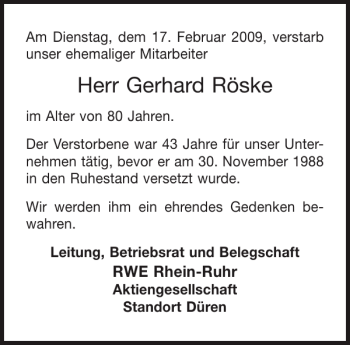 Traueranzeige von Gerhard Röske von Aachener Zeitung / Aachener Nachrichten