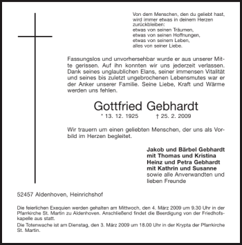 Traueranzeige von Gottfried Gebhardt von Aachener Zeitung / Aachener Nachrichten