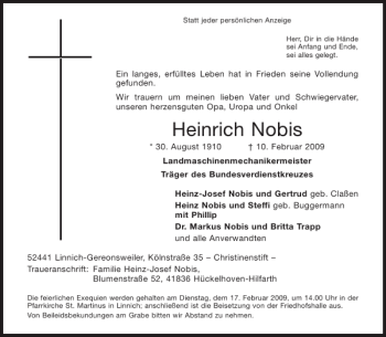 Traueranzeige von Heinrich Nobis von Aachener Zeitung / Aachener Nachrichten