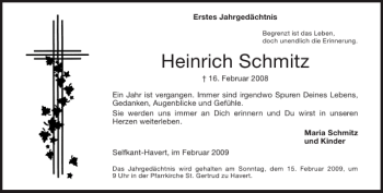 Traueranzeige von Heinrich Schmitz von Aachener Zeitung / Aachener Nachrichten