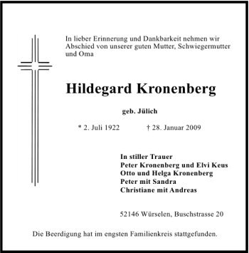 Traueranzeige von Hildegard Kronenberg von Aachener Zeitung / Aachener Nachrichten
