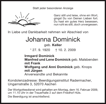 Traueranzeige von Johanna Dominick von Aachener Zeitung / Aachener Nachrichten