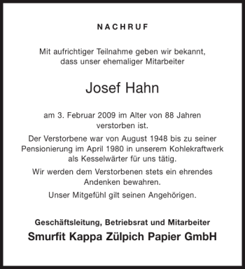 Traueranzeige von Josef Hahn von Aachener Zeitung / Aachener Nachrichten