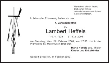 Traueranzeige von Lambert Heffels von Aachener Zeitung / Aachener Nachrichten
