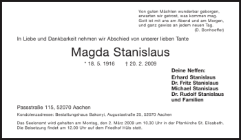 Traueranzeige von Magda Stanislaus von Aachener Zeitung / Aachener Nachrichten