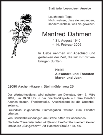 Traueranzeige von Manfred Dahmen von Aachener Zeitung / Aachener Nachrichten