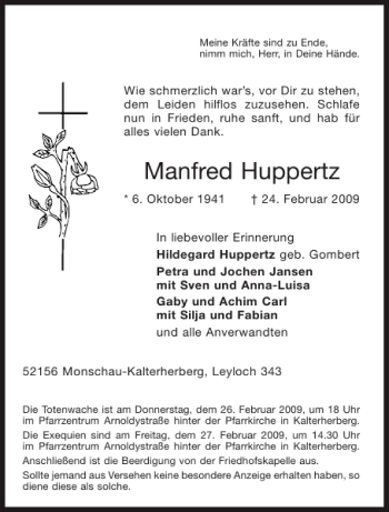 Traueranzeige von Manfred Huppertz von Aachener Zeitung / Aachener Nachrichten