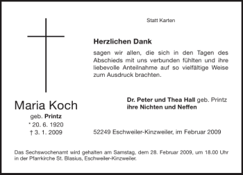 Traueranzeige von Maria Koch von Aachener Zeitung / Aachener Nachrichten