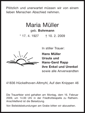 Traueranzeige von Maria Müller von Aachener Zeitung / Aachener Nachrichten