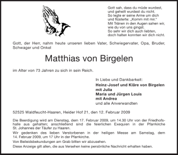 Traueranzeige von Matthias von Birgelen von Aachener Zeitung / Aachener Nachrichten