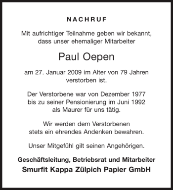 Traueranzeige von Paul Oepen von Aachener Zeitung / Aachener Nachrichten