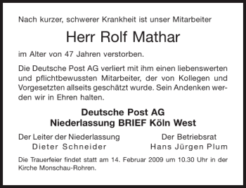 Traueranzeige von Rolf Mathar von Aachener Zeitung / Aachener Nachrichten
