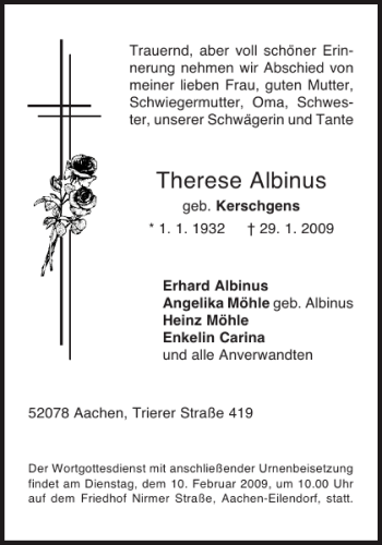 Traueranzeige von Therese Albinus von Aachener Zeitung / Aachener Nachrichten