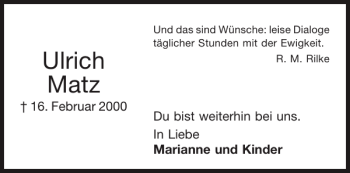 Traueranzeige von Ulrich Matz von Aachener Zeitung / Aachener Nachrichten