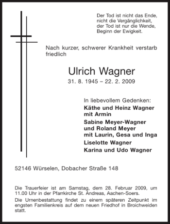Traueranzeige von Ulrich Wagner von Aachener Zeitung / Aachener Nachrichten