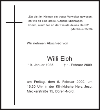Traueranzeige von Willi Eich von Aachener Zeitung / Aachener Nachrichten