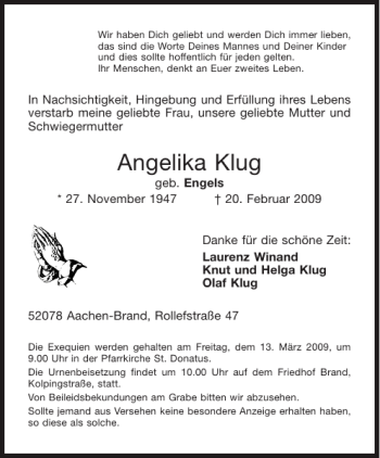 Traueranzeige von Angelika Klug von Aachener Zeitung / Aachener Nachrichten