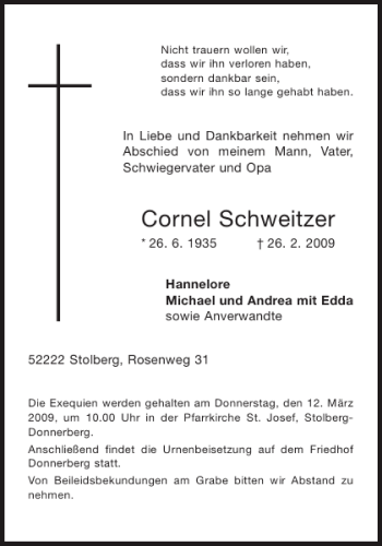 Traueranzeige von Cornel Schweitzer von Aachener Zeitung / Aachener Nachrichten