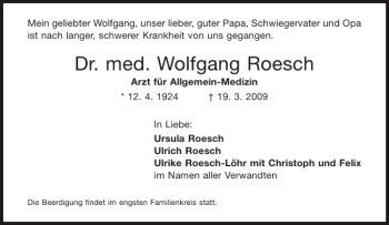 Traueranzeige von Dr. med. Wolfgang Roesch von Aachener Zeitung / Aachener Nachrichten