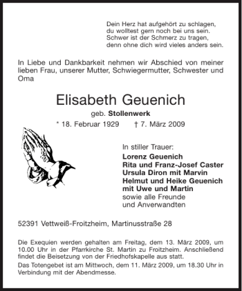 Traueranzeige von Elisabeth Geuenich von Aachener Zeitung / Aachener Nachrichten