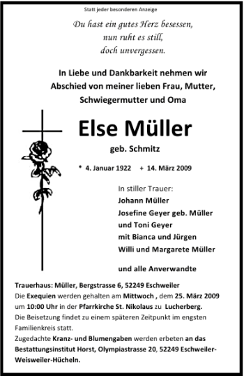 Traueranzeige von Else Müller von Aachener Zeitung / Aachener Nachrichten