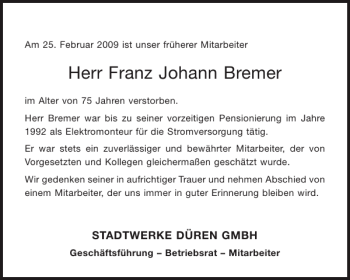 Traueranzeige von Franz Johann Bremer von Aachener Zeitung / Aachener Nachrichten