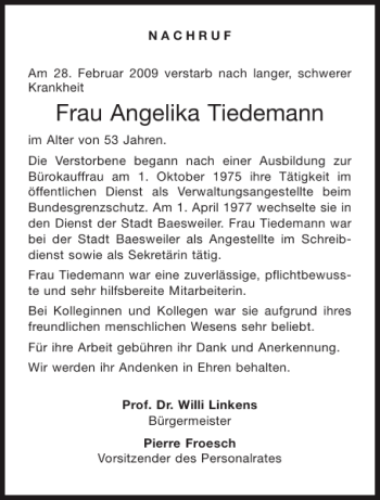 Traueranzeige von Frau Angelika Tiedemann von Aachener Zeitung / Aachener Nachrichten