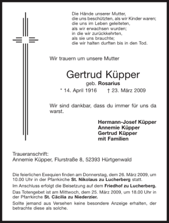 Traueranzeige von Gertrud Küpper von Aachener Zeitung / Aachener Nachrichten