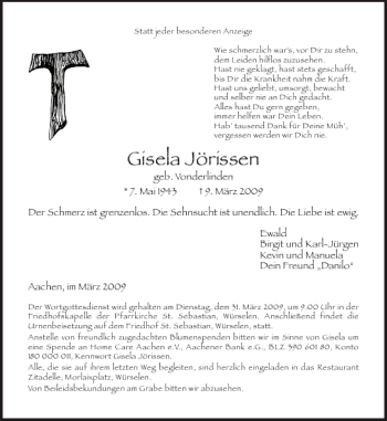 Traueranzeige von Gisela Jörissen von Aachener Zeitung / Aachener Nachrichten