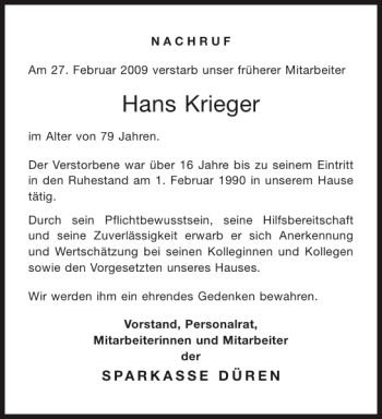 Traueranzeige von Hans Krieger von Aachener Zeitung / Aachener Nachrichten