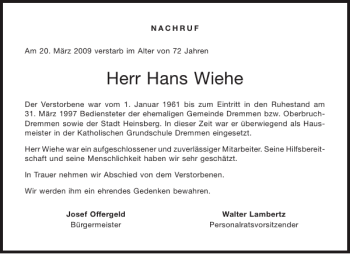 Traueranzeige von Hans Wiehe von Aachener Zeitung / Aachener Nachrichten