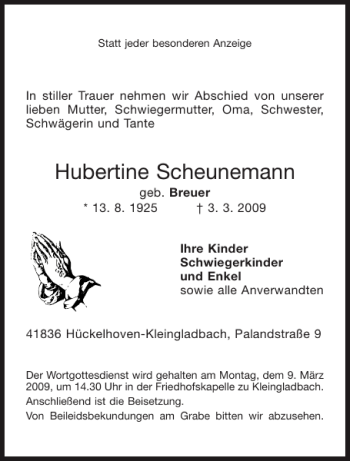 Traueranzeige von Hubertine Scheunemann von Aachener Zeitung / Aachener Nachrichten