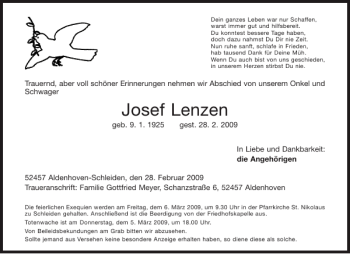 Traueranzeige von Josef Lenzen von Aachener Zeitung / Aachener Nachrichten