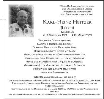 Traueranzeige von Karl-Heinz Heitzer von Aachener Zeitung / Aachener Nachrichten