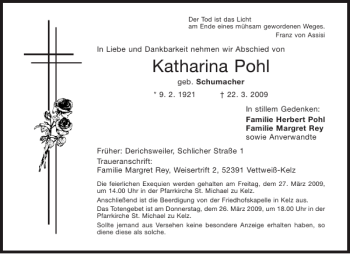 Traueranzeige von Katharina Pohl von Aachener Zeitung / Aachener Nachrichten