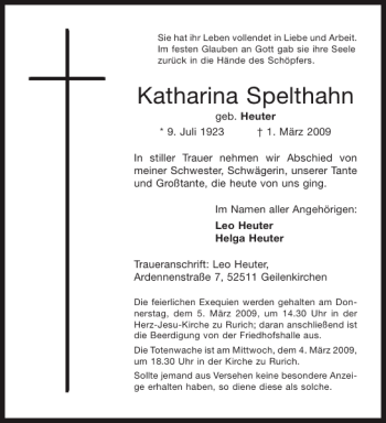Traueranzeige von Katharina Spelthahn von Aachener Zeitung / Aachener Nachrichten