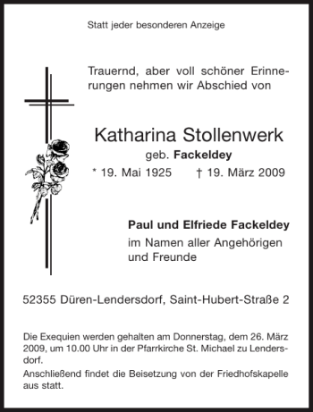 Traueranzeige von Katharina Stollenwerk von Aachener Zeitung / Aachener Nachrichten