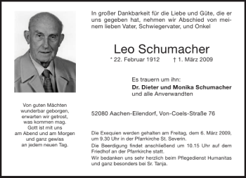 Traueranzeige von Leo Schumacher von Aachener Zeitung / Aachener Nachrichten