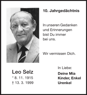 Traueranzeige von Leo Selz von Aachener Zeitung / Aachener Nachrichten