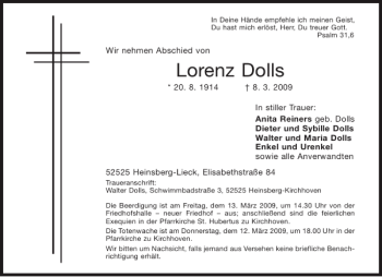 Traueranzeige von Lorenz Dolls von Aachener Zeitung / Aachener Nachrichten