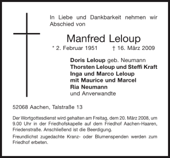 Traueranzeige von Manfred Leloup von Aachener Zeitung / Aachener Nachrichten