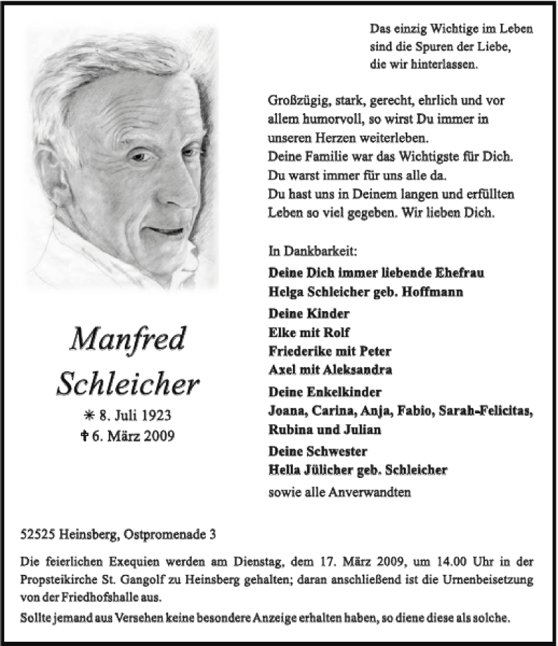  Traueranzeige für Manfred Schleicher vom 10.03.2009 aus Aachener Zeitung / Aachener Nachrichten